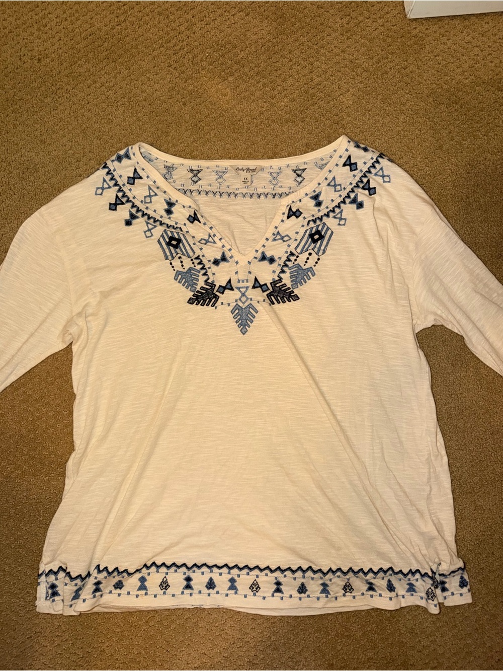 Lucky Brand White V-Neck Top with Blue Embroidered Neckline